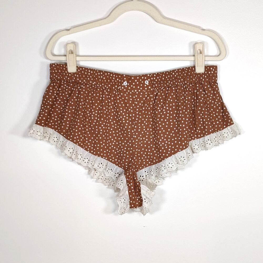 Anthropologie Cotton Polka Dot Lace Trim Lounge Shorts Brown M